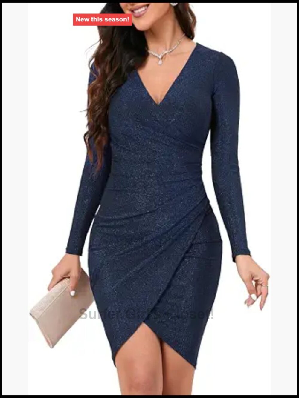 Glitter Party Dress Long Sleeve V Neck Faux Wrap Ruched Bodycon Sparkly